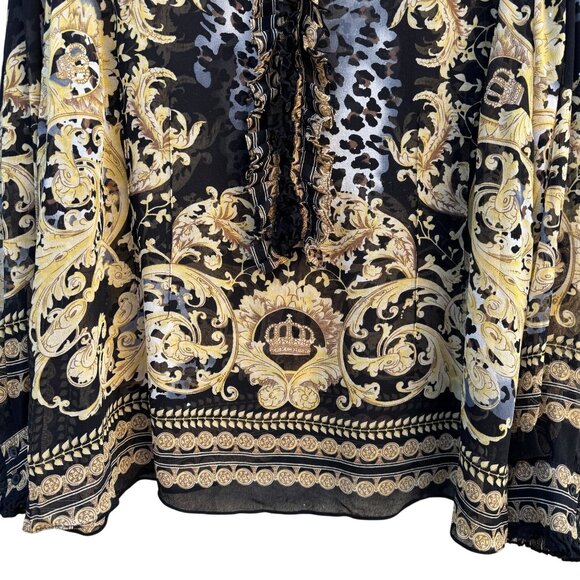 ECI New York Womens Ruffle Trim Black Gold Baroque Glam Leopard Print Blouse 2X - Picture 9 of 9